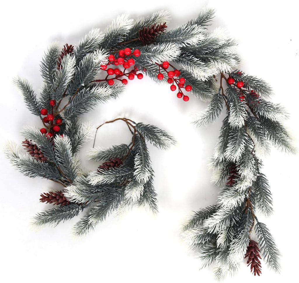 SJL 4.6Ft Faux Christmas Garland Decorations Pine Garland with Pine Cones and Red Berries Realistic Greenery Garlands for Mantle Stairs Railing Table Fireplace Indoor Outdoor Holiday Xmas Decor(White)