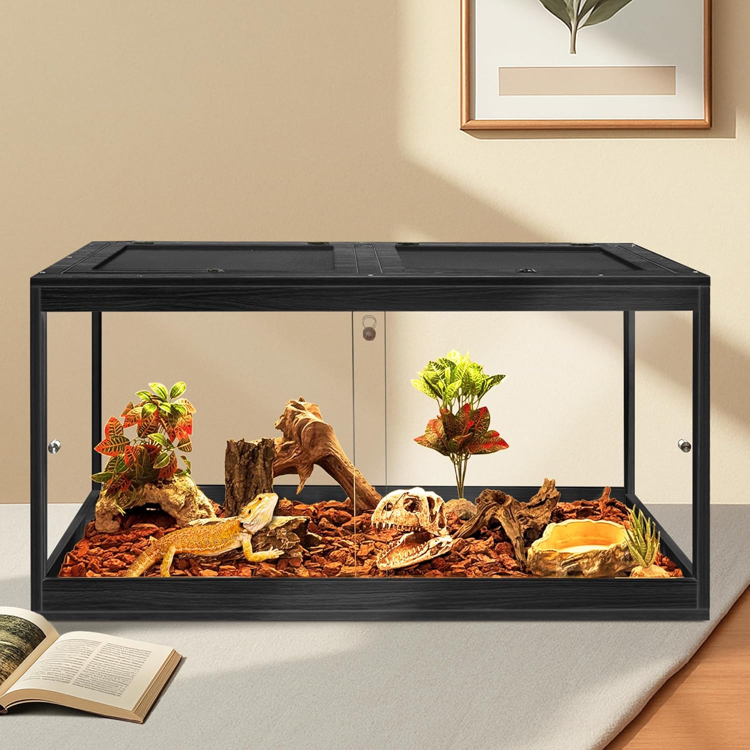 PROLEE Bearded Dragon Tank,60 Gallon Reptile Tank with Meatl Mesh Roof and Front Sliding Door, Lizard Tank,Spacious Reptile Enclosure for Snakes,Lguanas, Chameleons (Black)
