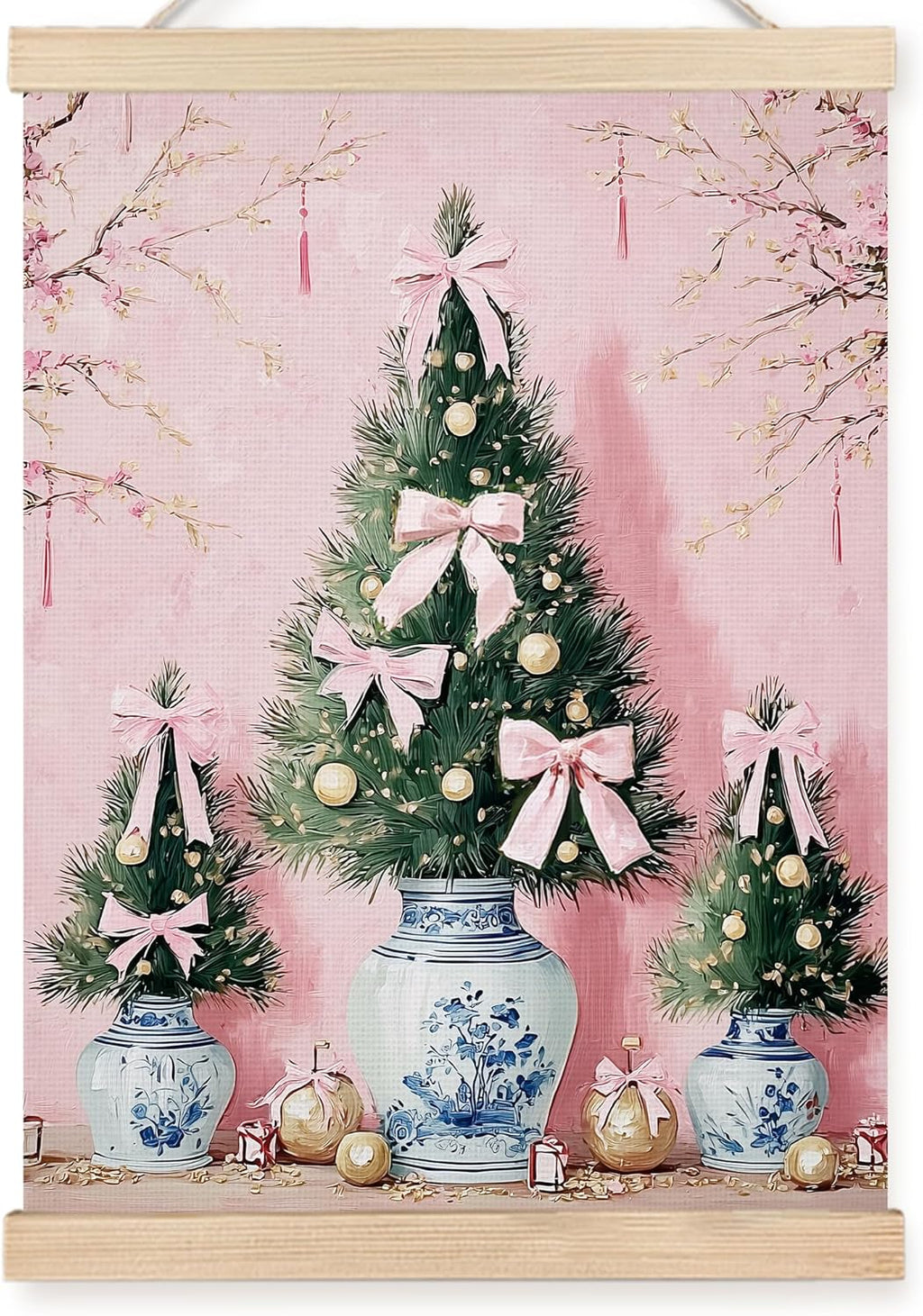 FDHSPAAM Pink Chinoiserie Christmas Tree Wall Art Decor, Pink Christmas Decor, Trendy Holiday Grandmillennial Preppy Bow Tree Wall Art Posters for Home Bedroom Living Room, 12x16 Inch