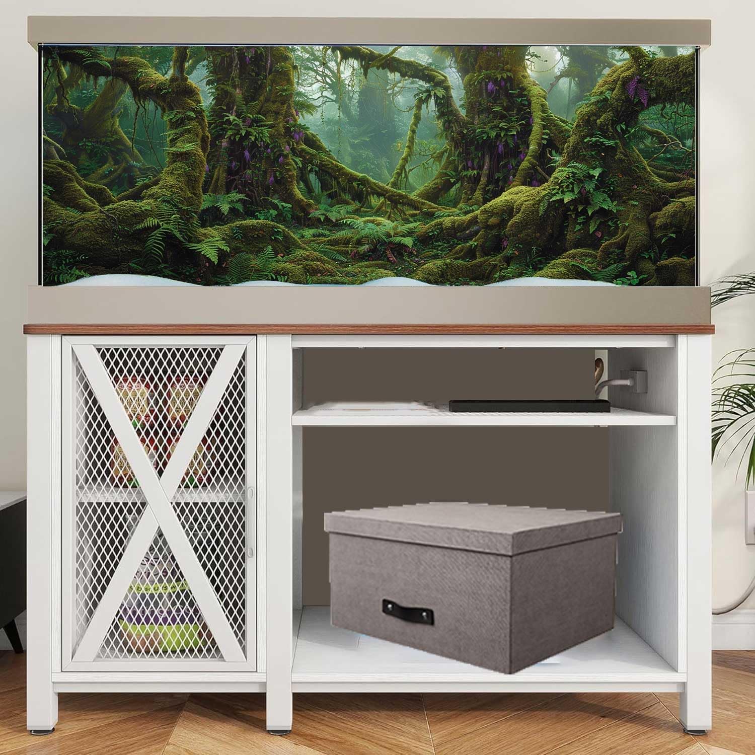 Tropical Forest Aquarium Background, Green Huge Tree Reptile Habitat Rainforest Terrarium Background, 6 EVA Double-Sided Tapes 36x18 inches/90x45