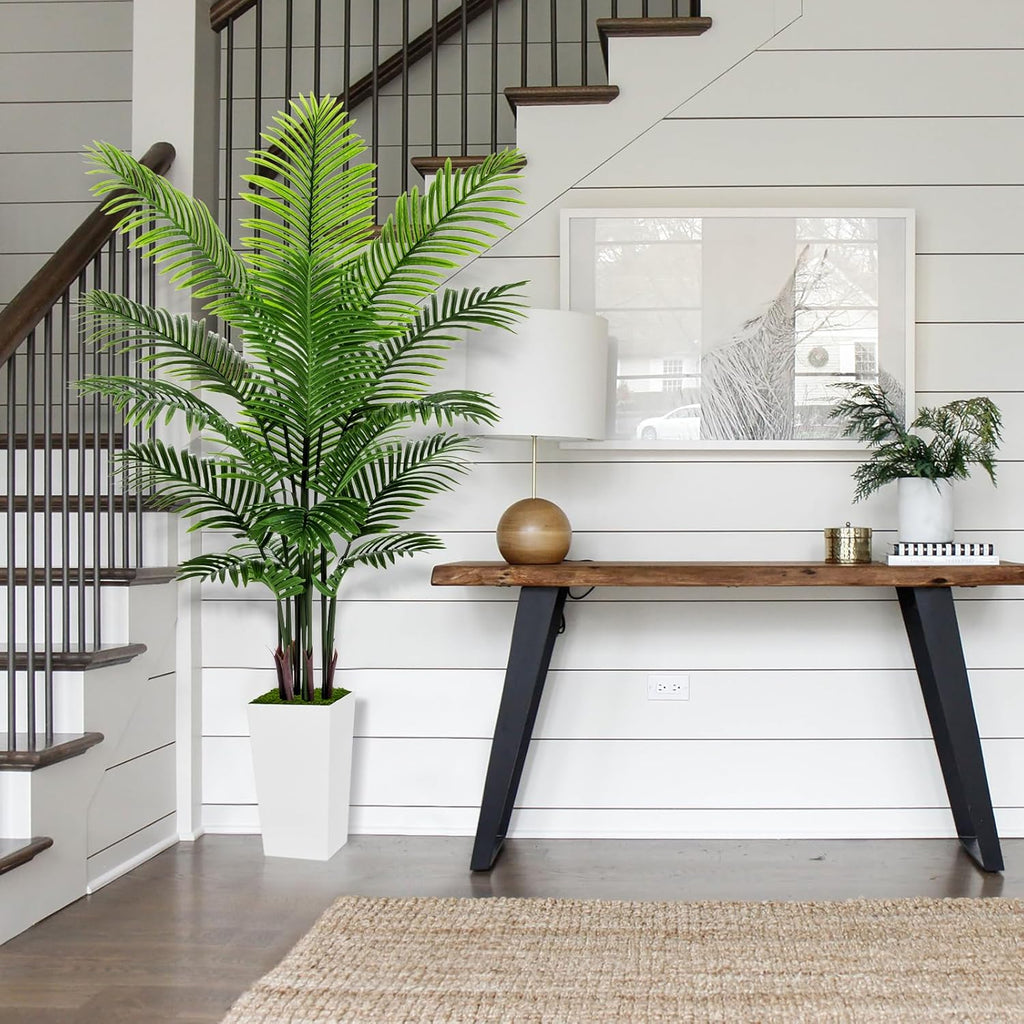 Artificial Palm Tree 6FT - Fake Tree with White Tall Planter - Faux Tropical Areca Floor Plant in Pot - Artificial Silk Plant for Home Office Living Room Decor Indoor