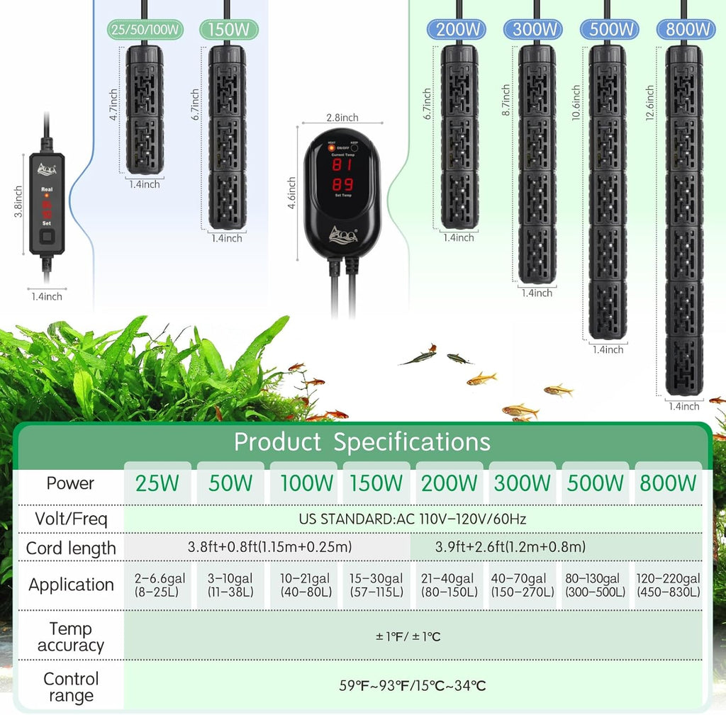 AQQA Fish Tank Heater,Aquarium Heater 50W 150W 250W 400W 500W 800W for 3-220 Gal,Set Temperature 59℉-93℉ Temperature Accuracy,Out of Water or High Temperature Automatic Power Off (200W)