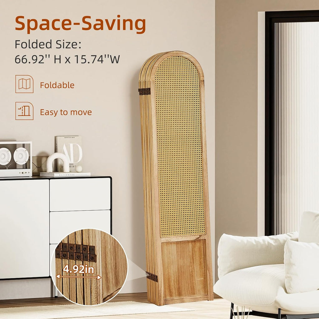 6 Panel Room Dividers and Folding Privacy Screens, Hand-Made Rattan Room Divider with Bi-Directional Hinge, Pre-Assembled Wood Room Divider Wall for Home Office Bedroom, Light Brown