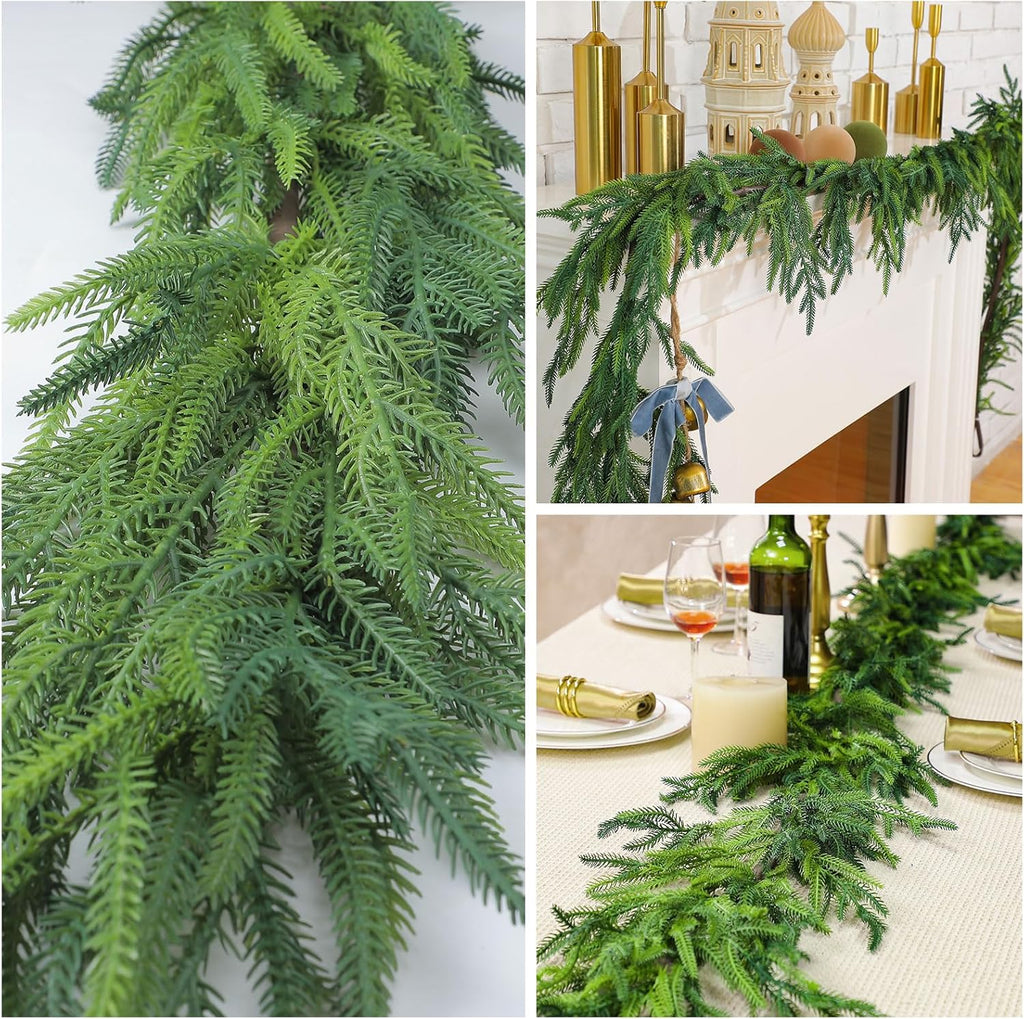 Jutom 2 Pcs 6 Feet Christmas Norfolk Pine Garland Realistic Artificial Faux Greenery Cedar Garland for Mantle Holiday Indoor Outdoor Fireplace Winter Christmas Decorations