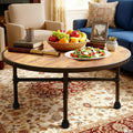Industrial Round Coffee Table, Circle Wood Pottery Barn Coffee Table with Heavy Duty Metal Pipes Legs, Accent Cocktail Table Center Table with Open Shelf Storage for Living Room Home