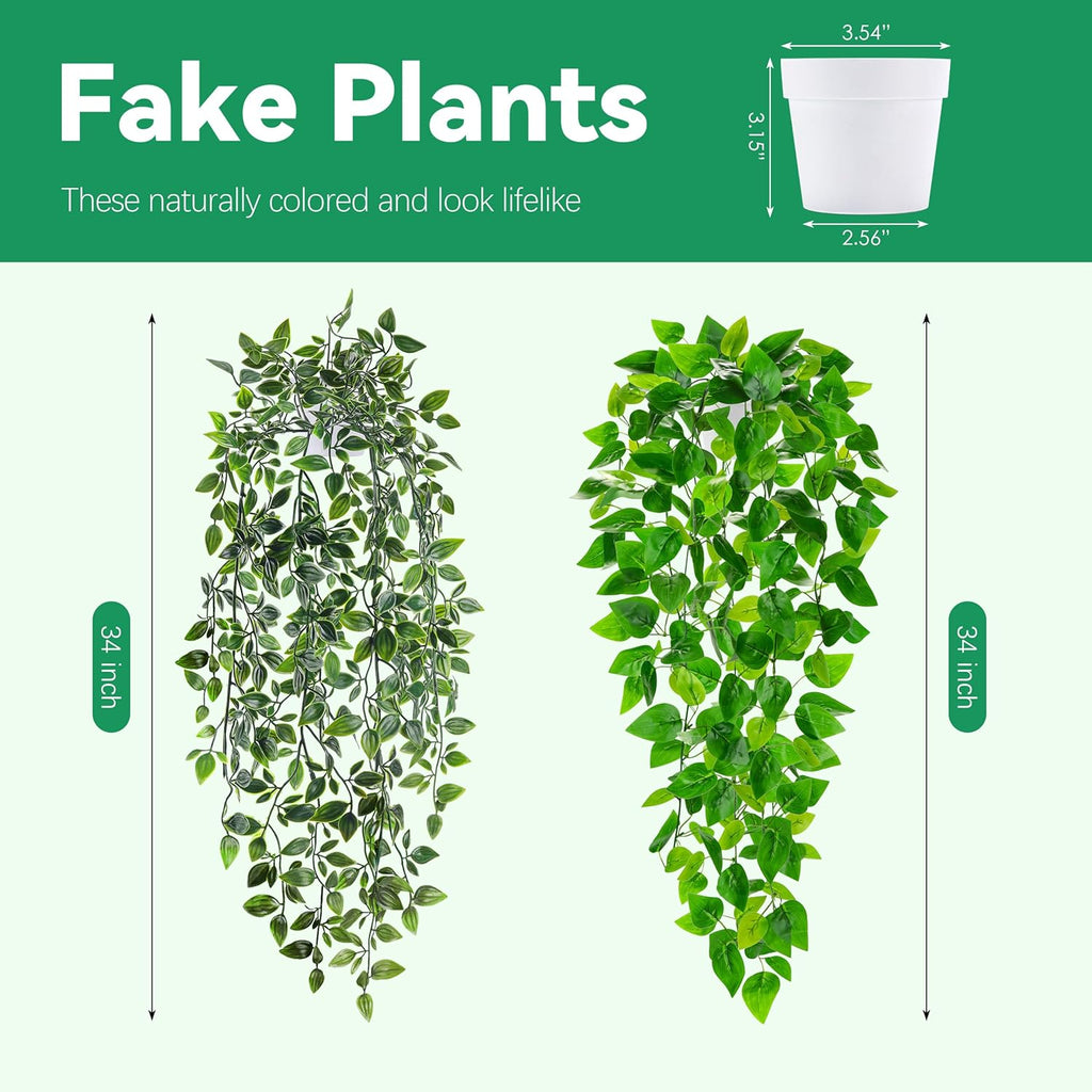 Der Rose 2Pcs Fake Plants Artificial Potted Faux Hanging Ivy Vines Plants Indoor for Home Bathroom Shelf Wall Bookshelf Decor