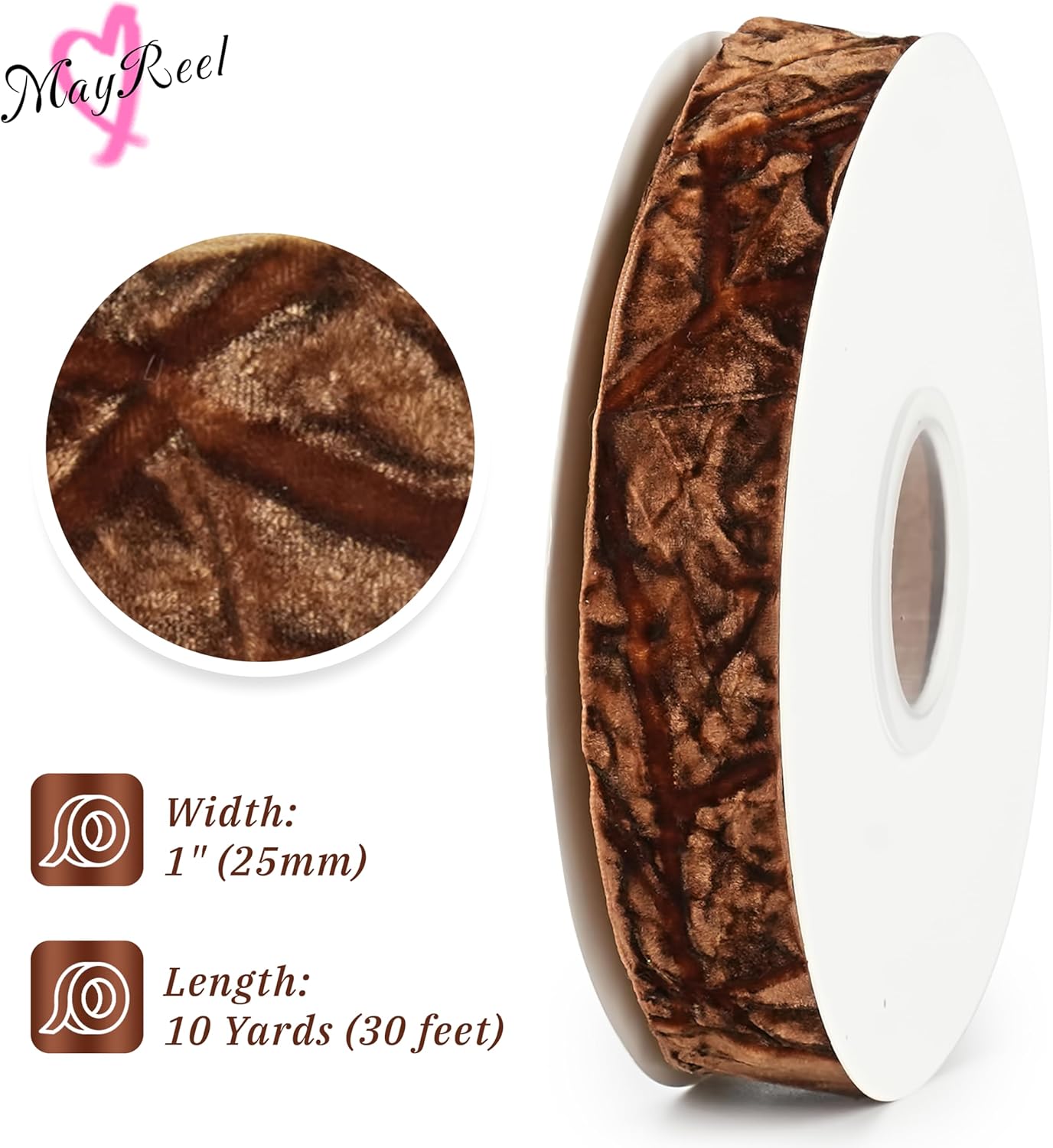 MAYREEL 1 Inch Brown Crushed Velvet Ribbon Mahogany Vintage Ribbon for Flower Bouquets Wedding Invitations Crafts Gift Wrapping Party Favor Boxes 10 Yards