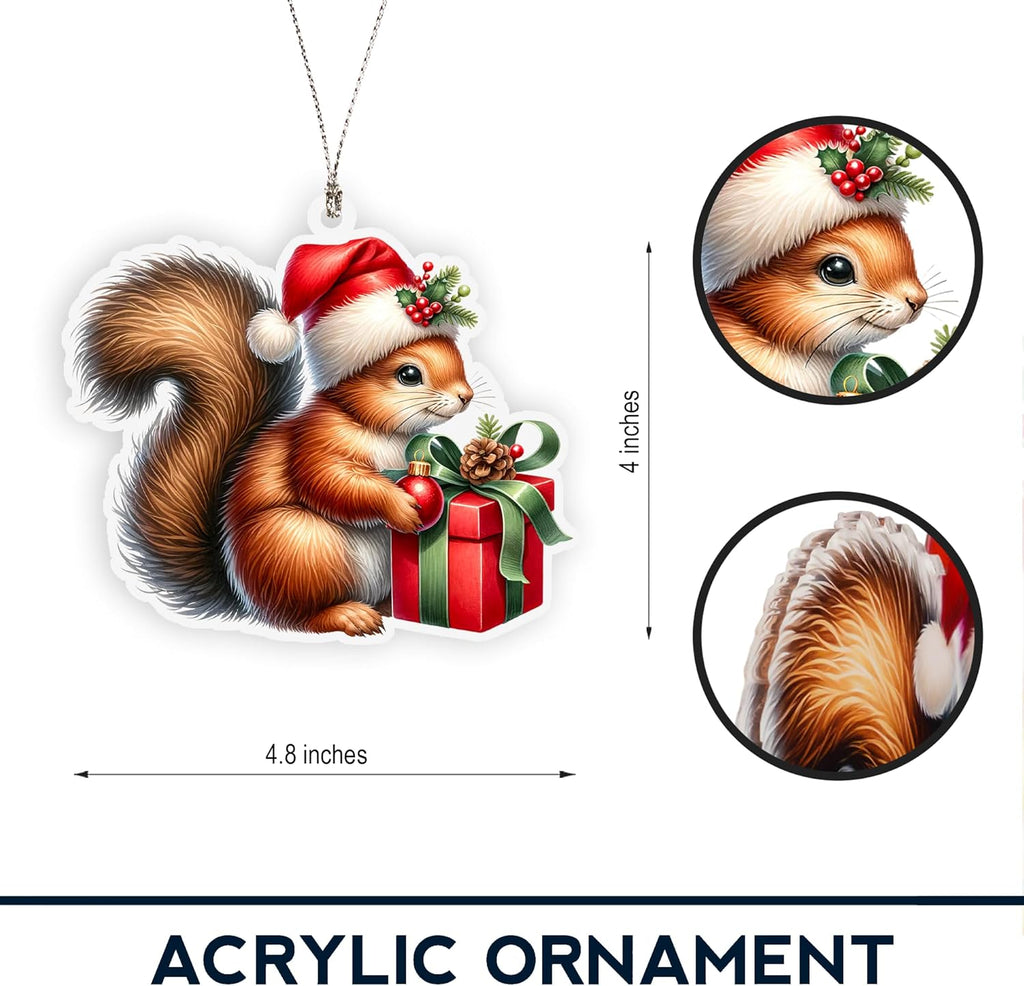 Squirrel Ornament, Squirrel Ornaments for Christmas Tree, Christmas Ornaments 2025, Cute Woodland Animal Holding Gift, Festive Holiday Decor, Red Santa Hat Decoration, Forest Themed Xmas Keepsake