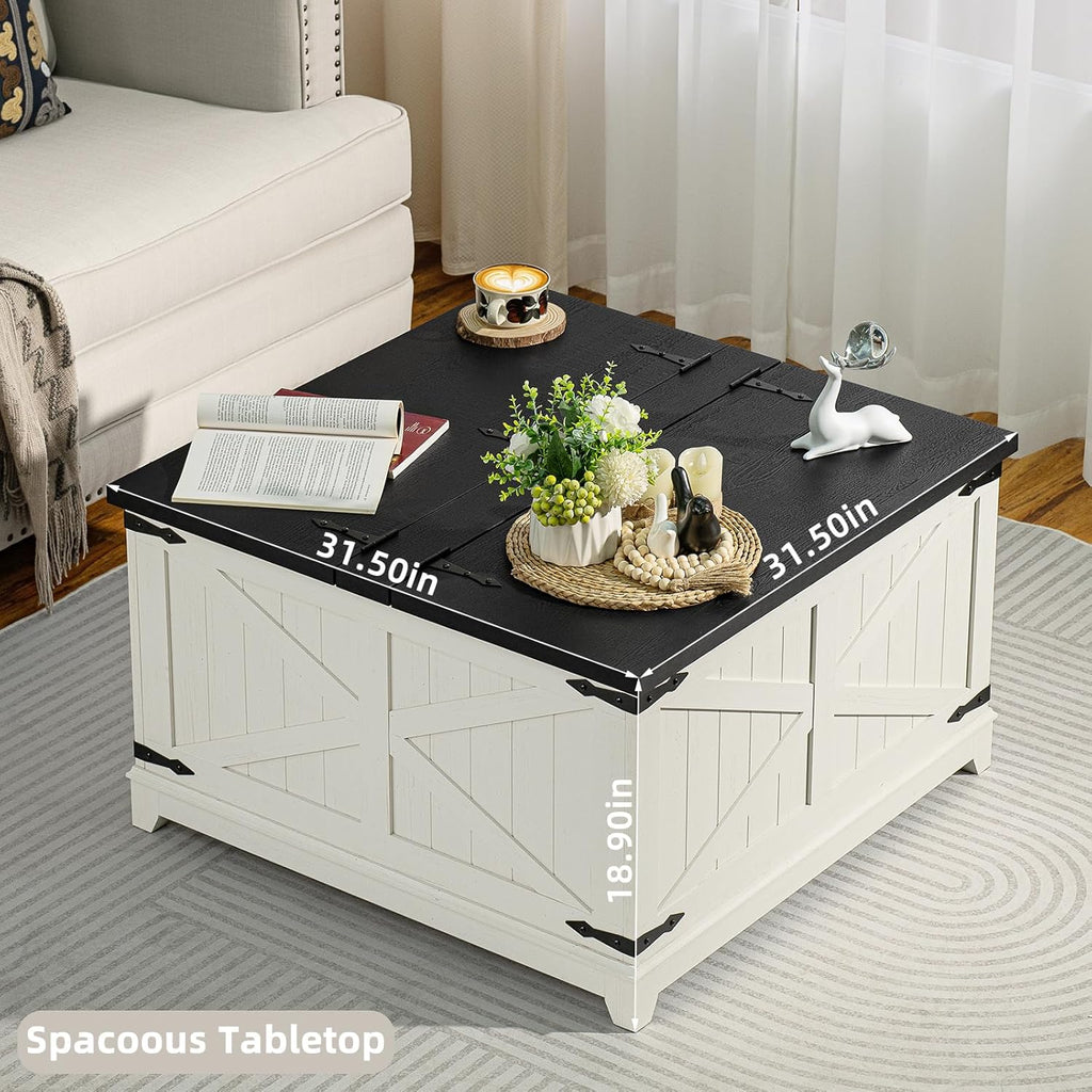 Farmhouse Coffee Table with Hidden Storage Compartment, Antique Black & White Square Large Center Table for Living Room, Wood Rustic Wide Coffee Tables with Hinged Lifting Tabletop for Home