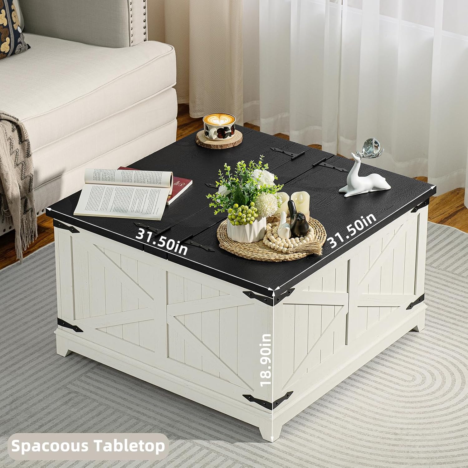 Farmhouse Coffee Table with Hidden Storage Compartment, Antique Black & White Square Large Center Table for Living Room, Wood Rustic Wide Coffee Tables with Hinged Lifting Tabletop for Home