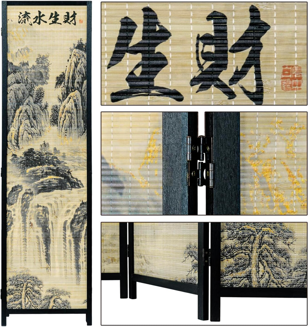MyGift 4 Panel Folding Room Divider, 6FT Bamboo Privacy Screen with Black Wood Frame, Ancient Asian Mountain & Waterfall Landscape Print, and Brushed Prosperity Calligraphy Design 77''W x 70.9''H