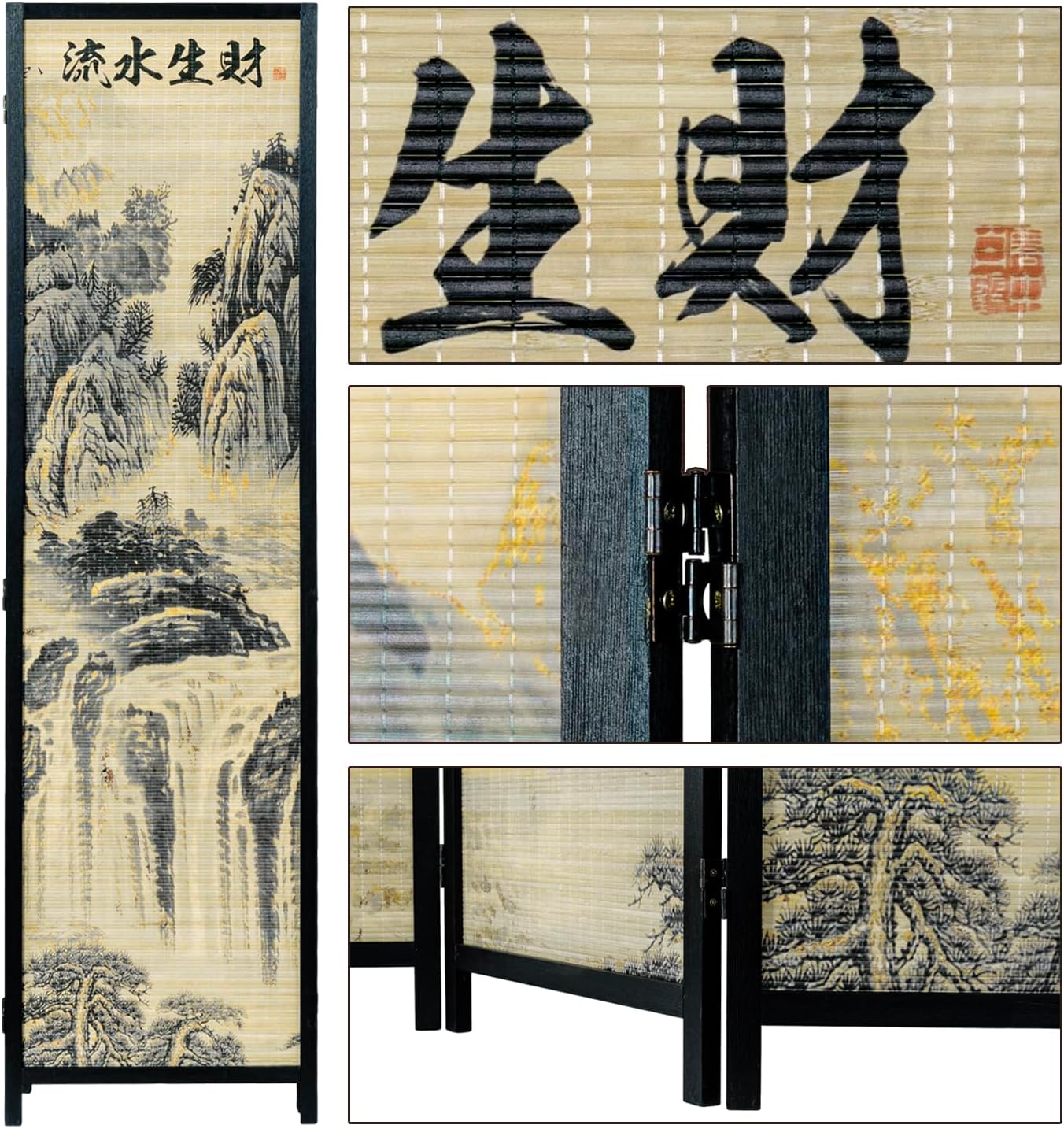 MyGift 4 Panel Folding Room Divider, 6FT Bamboo Privacy Screen with Black Wood Frame, Ancient Asian Mountain & Waterfall Landscape Print, and Brushed Prosperity Calligraphy Design 77''W x 70.9''H
