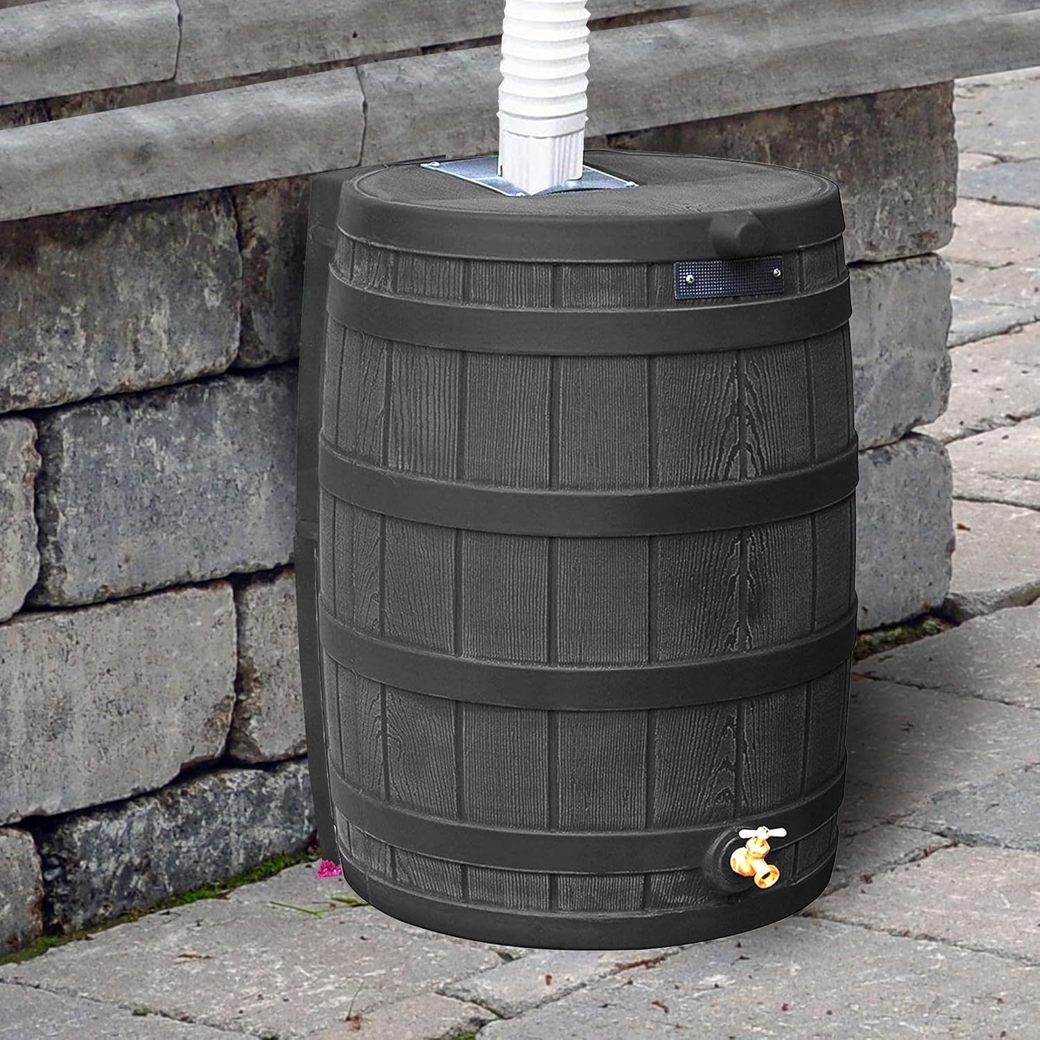 Good Ideas Rain Wizard 50 Gallon Plastic Outdoor Home Rain Barrel Water Storage Collector with Brass Spigot and Flat Back Design, Oak (3 Pack)