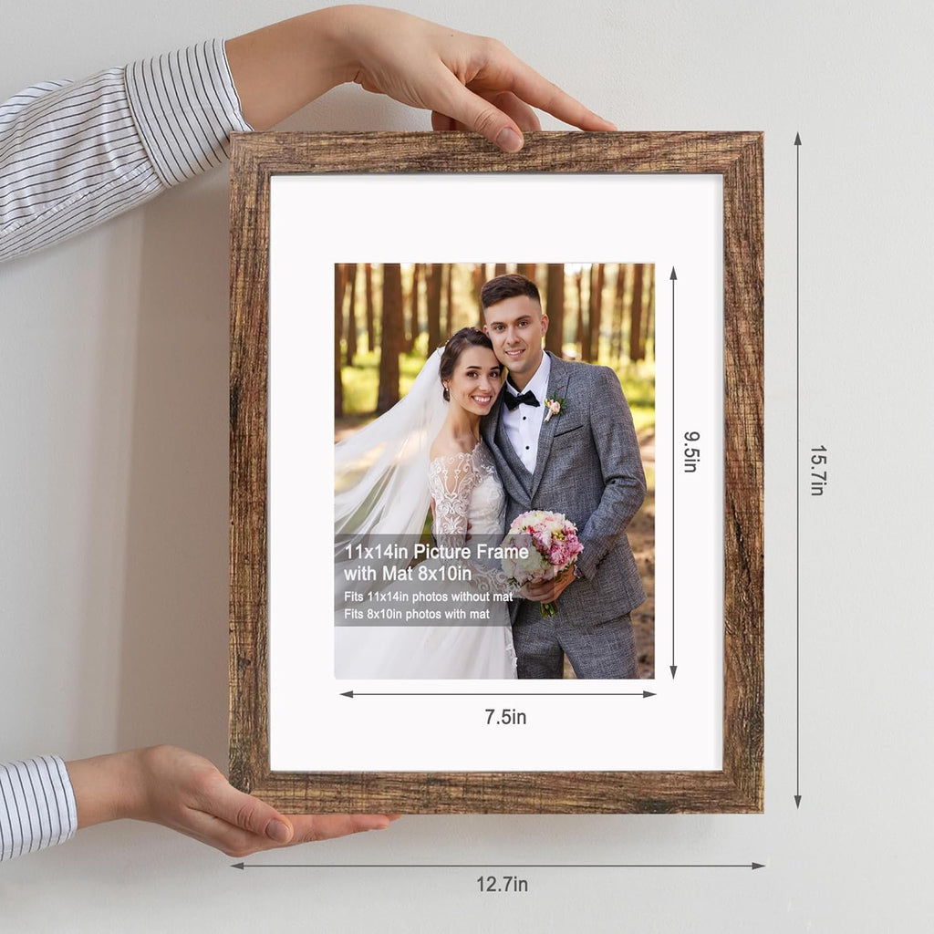 11x14 Picture Frame Set of 4, Made of Glass and Rustic Brown Wooden Frame, Display 8x10 Pictures with Mat or 11 x 14 Posters without Mat for Wall Mounting, Gallery Photo Frames