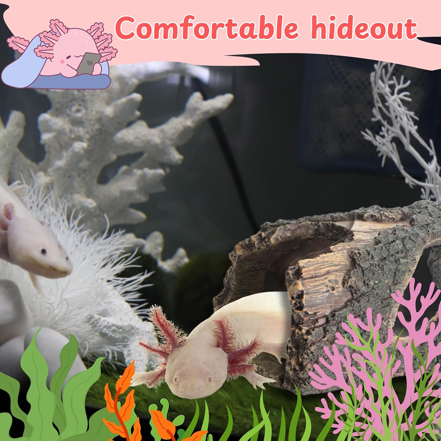 1pcs Axolotl Hides for Aquarium with 2pcs Nitrifying Ball Set, Driftwood Axolotl Cave Hideout and Aquarium Filter Balls, Fish Tank Decor, Shelter for Small Pet Frog Fish Betta (Resin Driftwood, M)