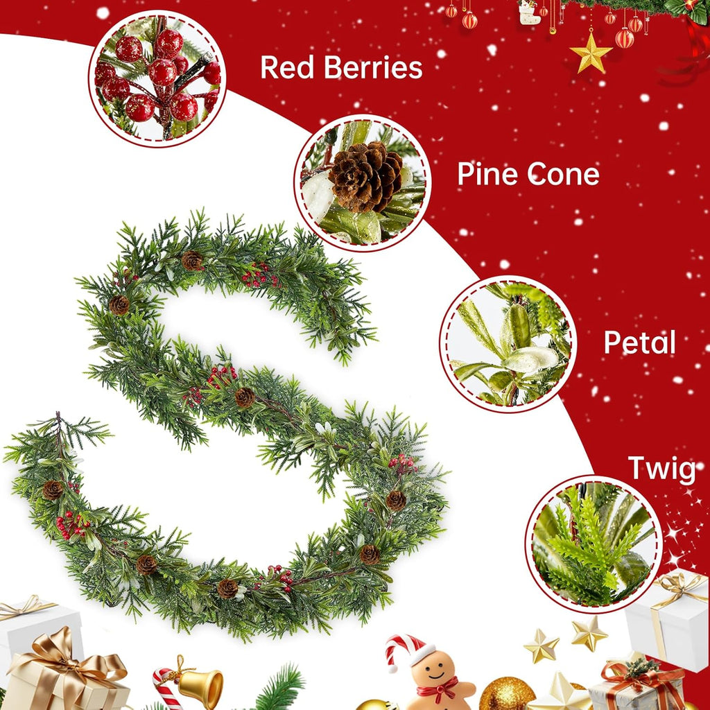 6FT Christmas Garland – Artificial Norfolk Pine Olive Garland with Red Berries, Pinecones & 20 Warm LED Timer Lights – Holiday Garland for Home, Wedding, Party Decorations