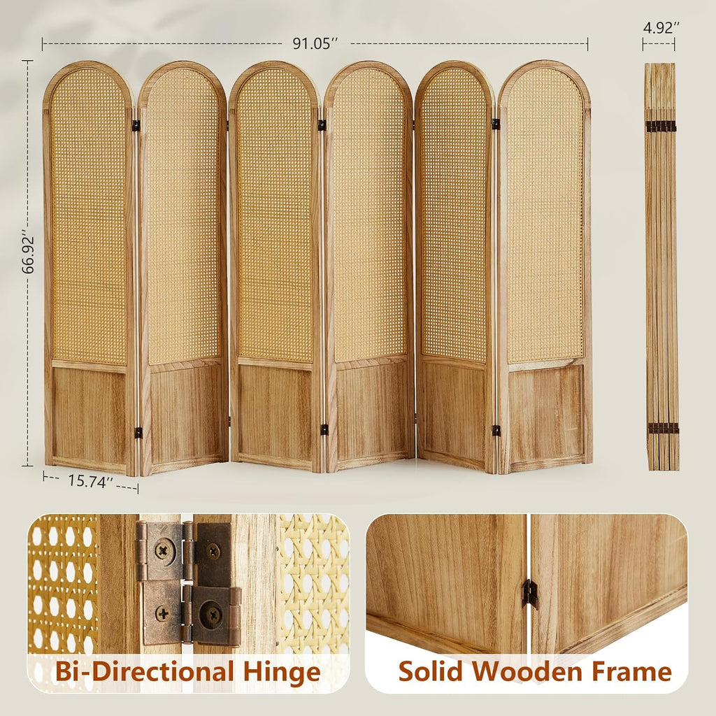 6 Panel Room Dividers and Folding Privacy Screens, Hand-Made Rattan Room Divider with Bi-Directional Hinge, Pre-Assembled Wood Room Divider Wall for Home Office Bedroom, Light Brown