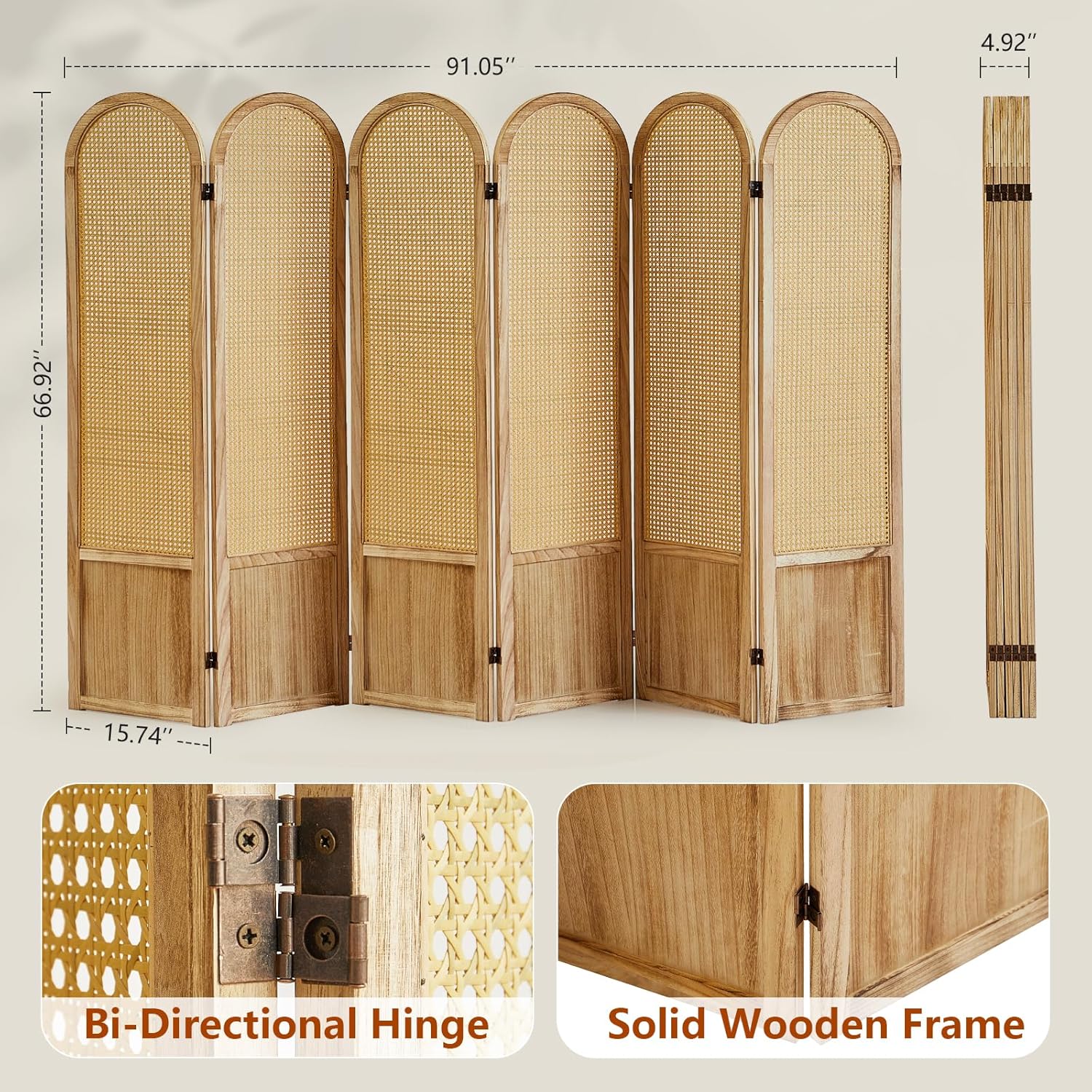 6 Panel Room Dividers and Folding Privacy Screens, Hand-Made Rattan Room Divider with Bi-Directional Hinge, Pre-Assembled Wood Room Divider Wall for Home Office Bedroom, Light Brown