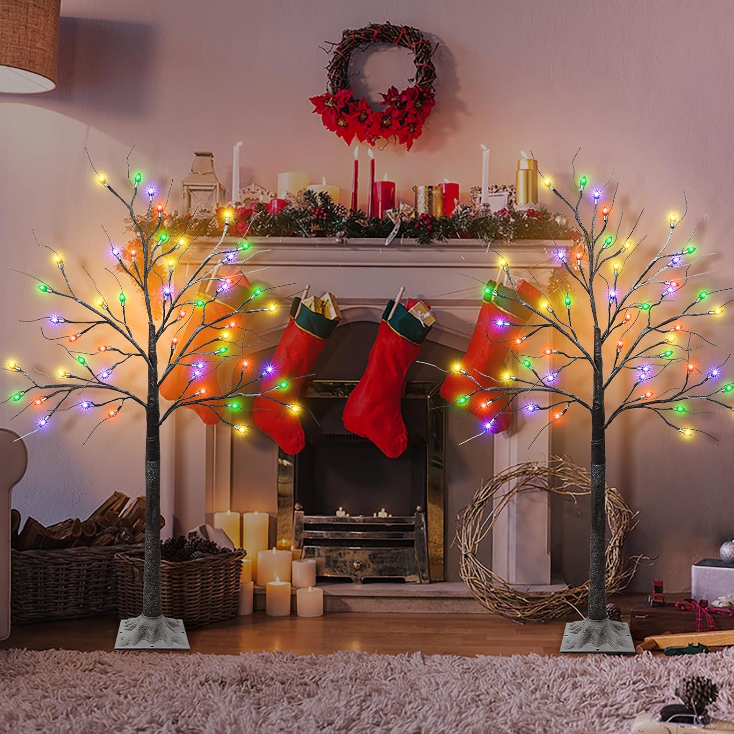 2 Pack 4 FT Birch Tree with 96 LED Multicolor Lights, Artificial Lighted Birch Tree Snowy Light Up Birch Twig Christmas Tree for Party Home Mantel Porch Yard Indoor Outdoor Decor