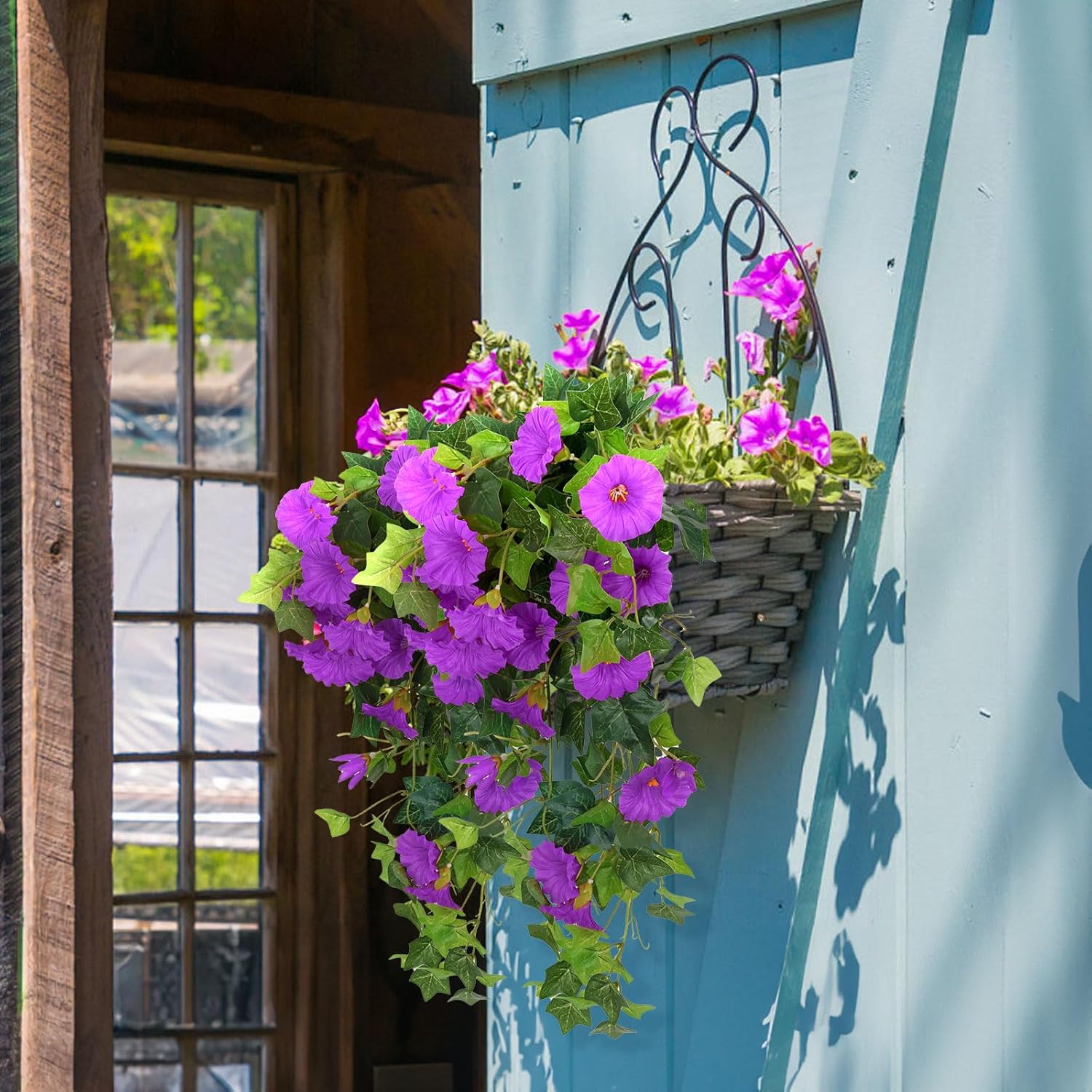 RECUTMS Artificial Fake Hanging Flowers Plants for Outdoor Decoration, 2 Pcs UV Resistant Faux Petunias Trailing Plants Realistic Flower Look Real for Door Wall Yard Porch Garden Planter (Fuchsia)