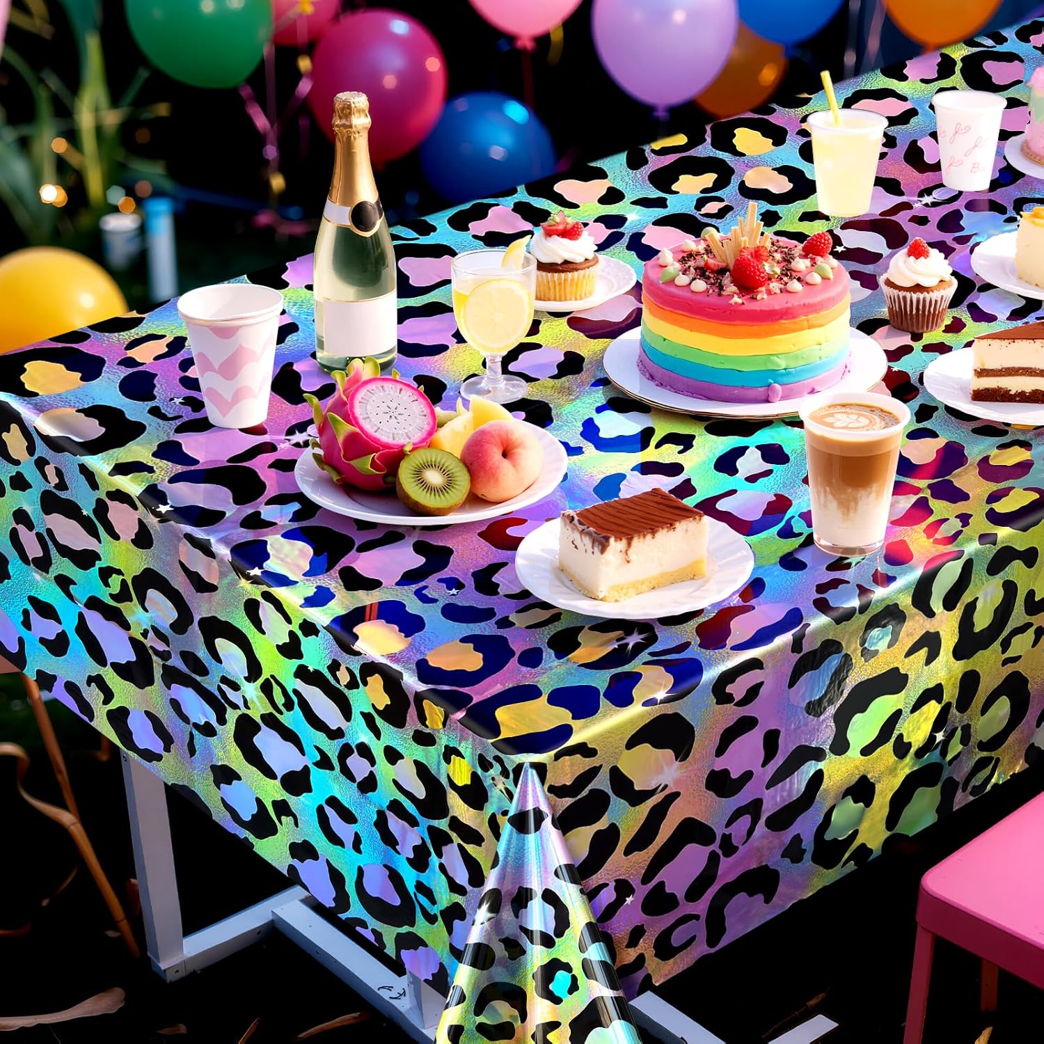 2 Pack Colorful Leopard Print Holography Tablecloth, 54x108, Disposable Plastic Table Cover for Jungle Safari, Cheetah Theme, Birthday Party, and Event Decorations