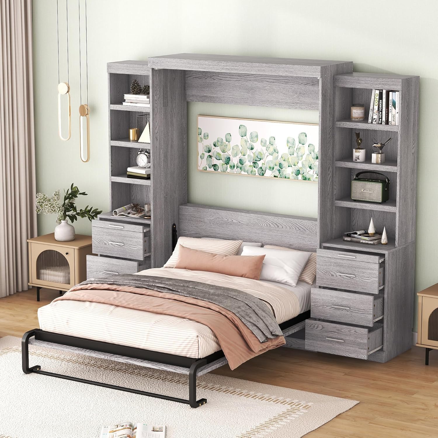 Full Murphy Bed with Bookcase Shelves and 6 Drawers,Metal & Pine Wood Folding Murphy Wall Bed Cabinet for Adults