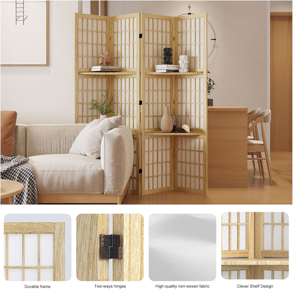 Room Divider with Shelves, 66.9-Inch Tall Japanese Shoji Style Wood Screen with Double Hinges for Home Office Bedroom Hotel Decoration (4 Panels, Natural)