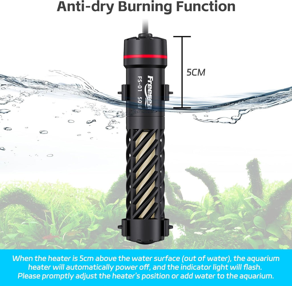 FREESEA Aquarium Heater for Fish Tank: 50W Small Submersible Thermostat with Off-Water Protection & UL Certified Cord for 3-10 Gallon Fish Turtle Tanks Enthusiasts