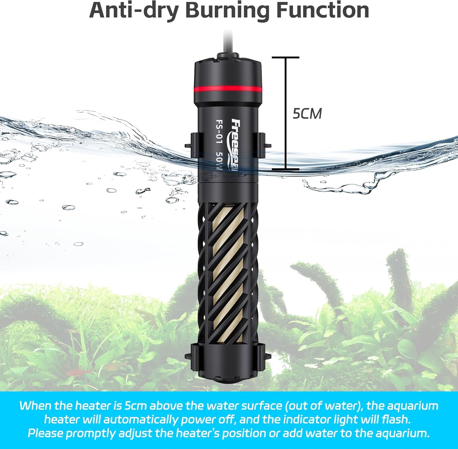 FREESEA Aquarium Heater for Fish Tank: 50W Small Submersible Thermostat with Off-Water Protection & UL Certified Cord for 3-10 Gallon Fish Turtle Tanks Enthusiasts