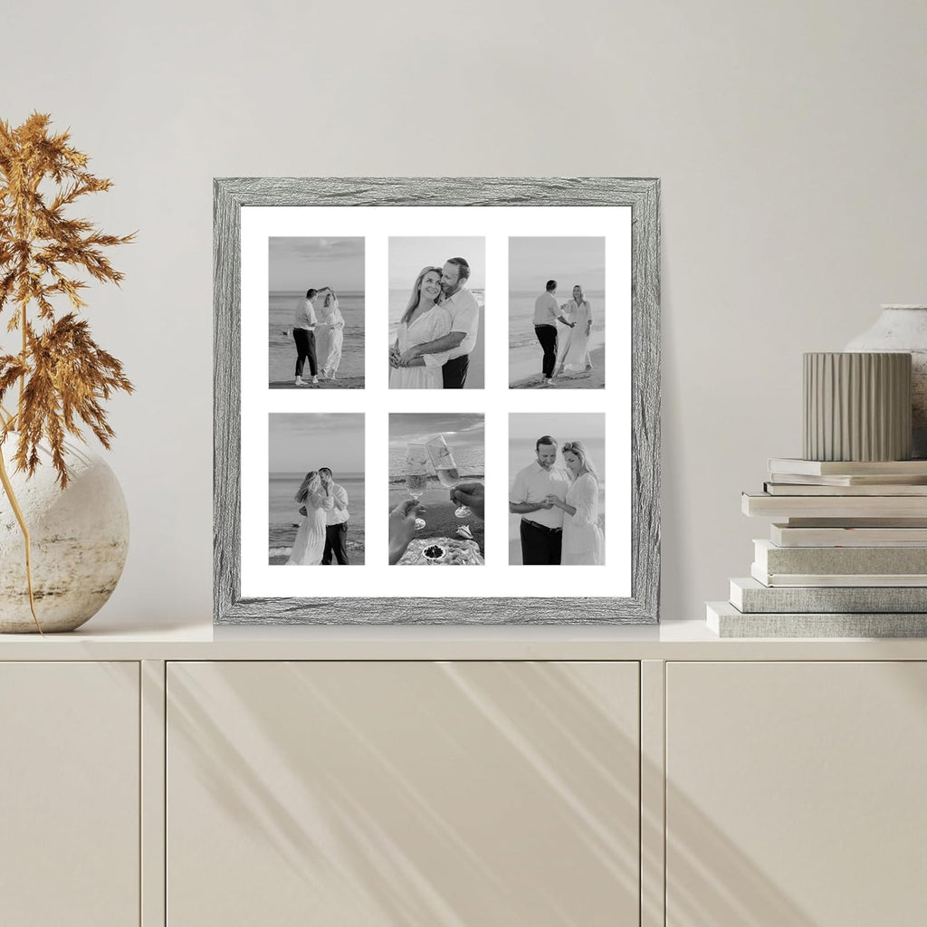 14x14 Picture Frame Set of 2, Grey with Glass Collage Frame, Display Photo Six Opening 4x6 With Mat or 14 x 14 Without Mat - Horizontal or Vertical Wall Mounting