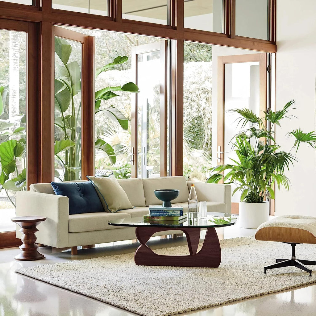 Triangle Glass Coffee Table Modern Noguchi Coffee Table, with Vintage Clear Glass, and Solid Wood Base, End Table for Living Room, Office, Balcony, Patio (Dark Walnut)