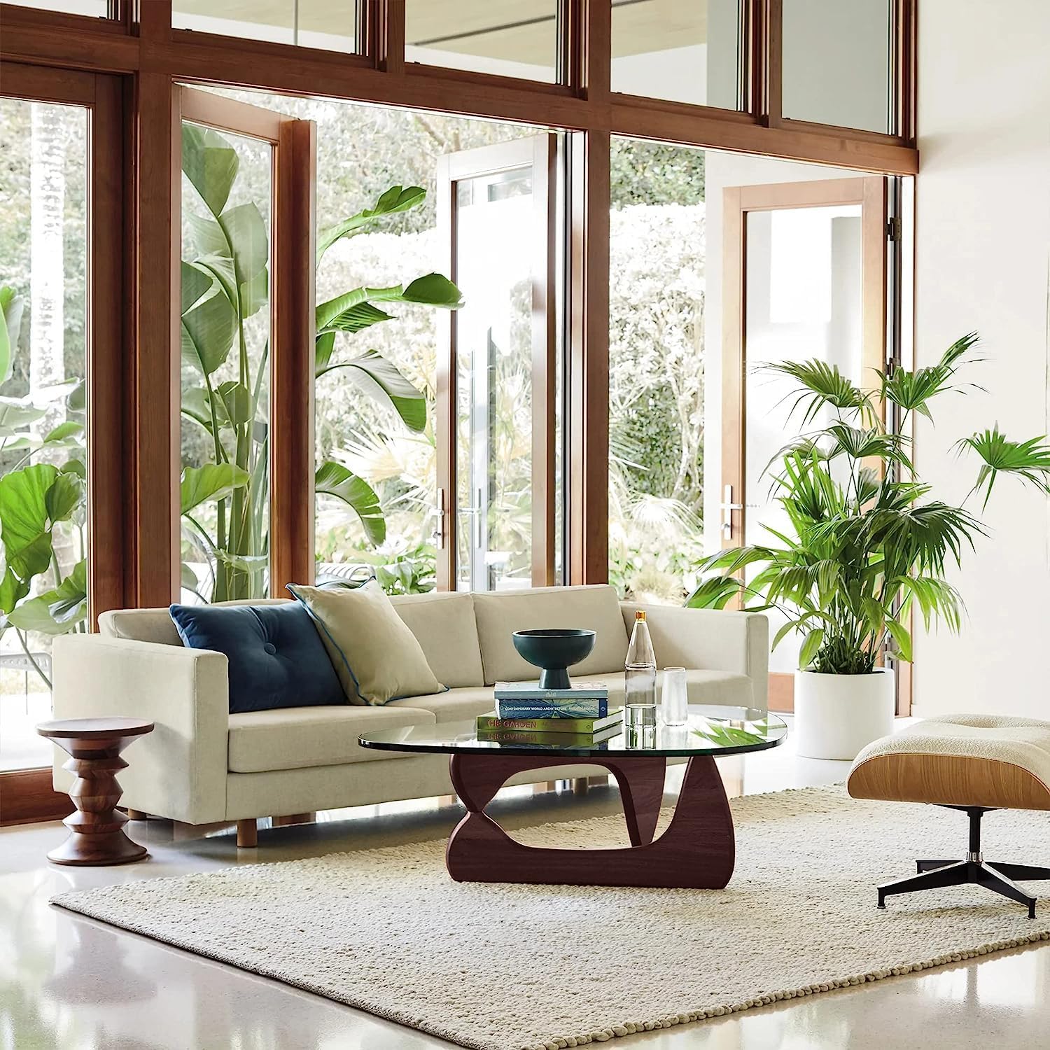Triangle Glass Coffee Table Modern Noguchi Coffee Table, with Vintage Clear Glass, and Solid Wood Base, End Table for Living Room, Office, Balcony, Patio (Dark Walnut)