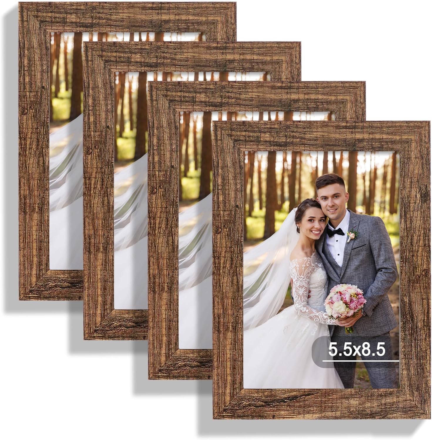 5.5x8.5 Picture Frame Set of 4, Made of Real Glass and Rustic Brown Frame, 5.5 by 8.5 Photo for Wall or Tabletop