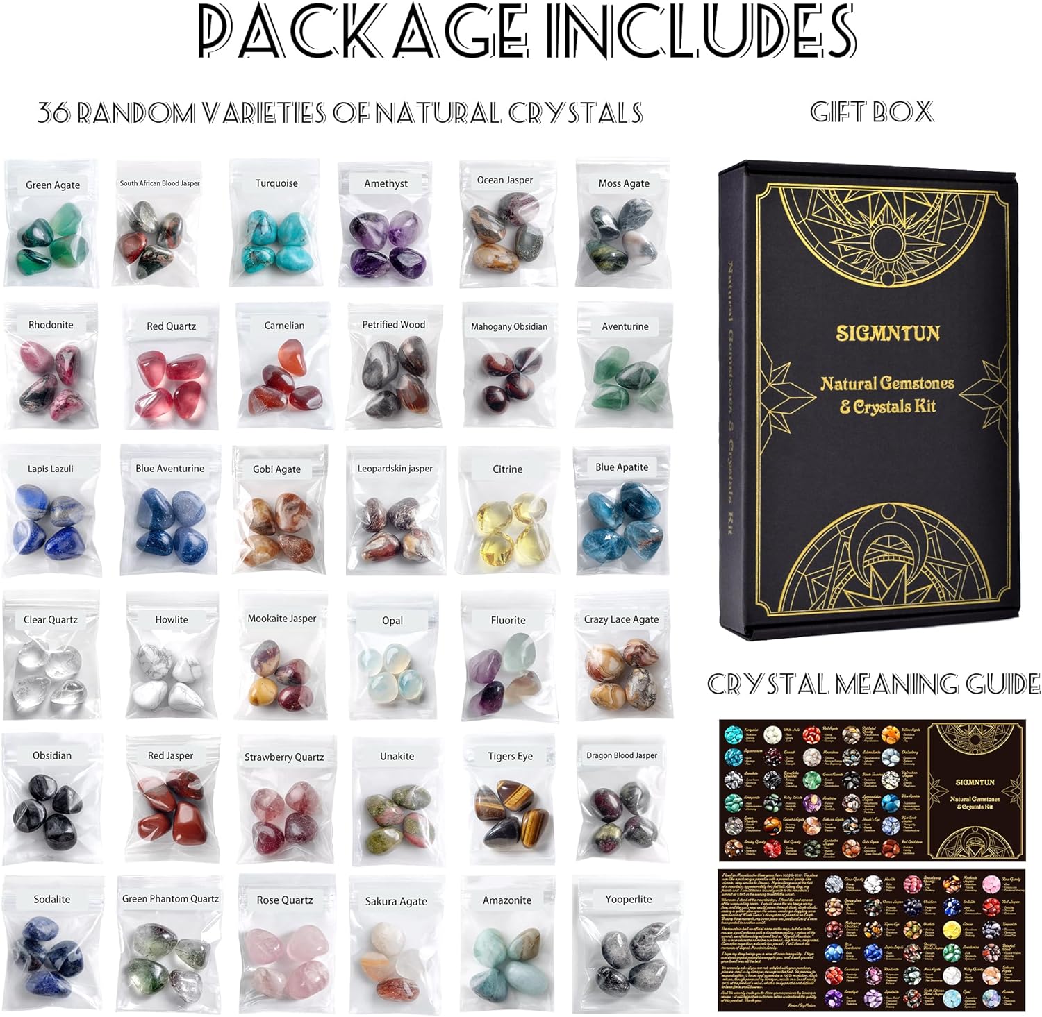 36 Varieties Healing Crystals & Stones Bulk Set – 2.5 lbs, 0.6" Natural Polished & Tumbled Gemstones Collection and Decorative Rocks for Chakra, Meditation, Reiki, Witchcraft, Crafts