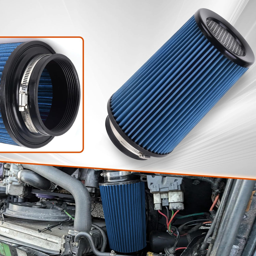 4-Inch Cold Air Intake Filter - Washable, High Performance, 3" or 3-1/2" or 4" Clamp-On Filter Height: 9 In Replacement Cone Air Filter Universal 3 Sizes in 1 (Blue)