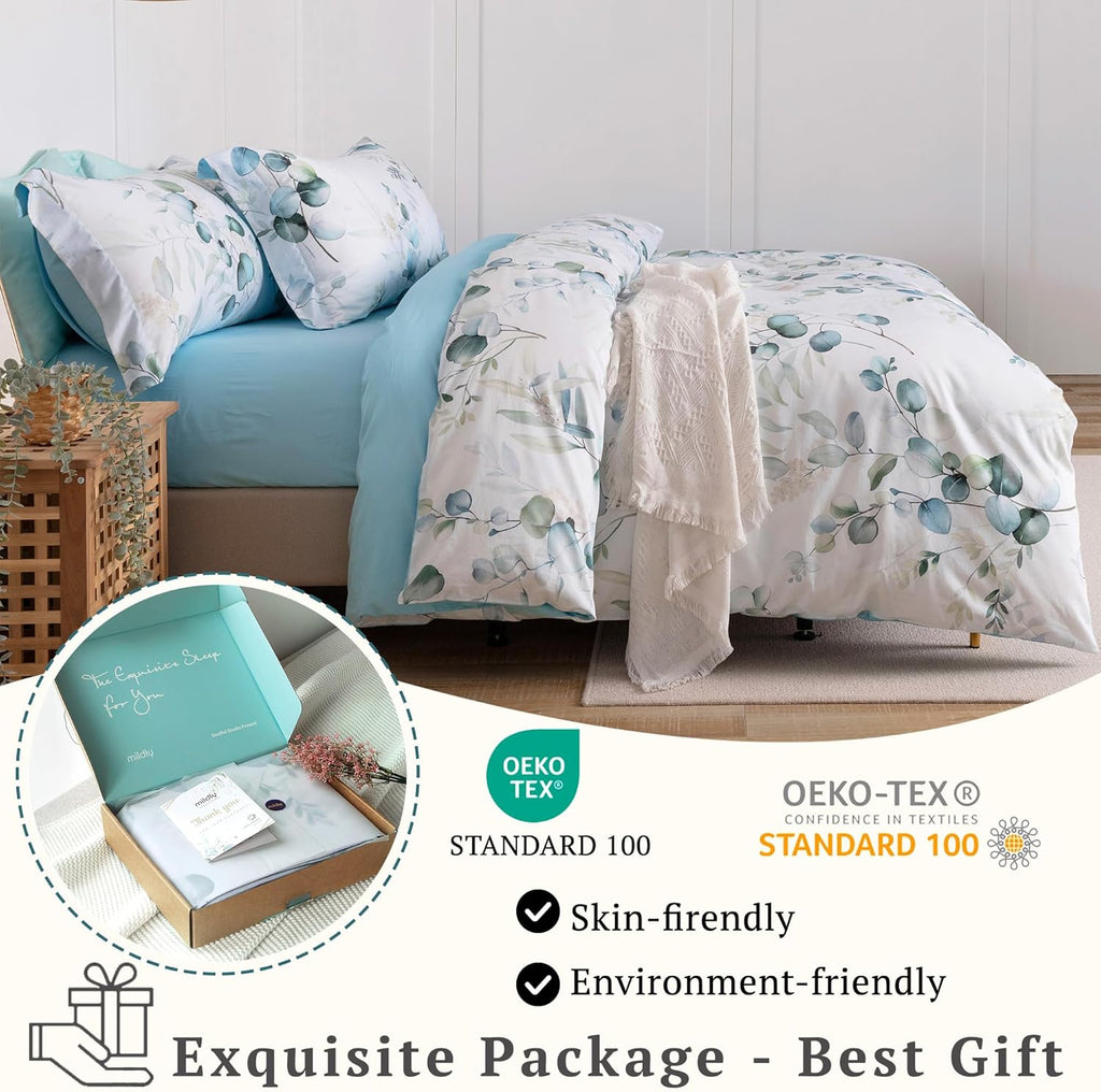 MILDLY 100% Long-Staple Cotton Duvet Cover Set Baby Blue Teal Gradient Leaf Pattern Printed Comforter Cover 3pcs, Ultra Soft & Breathable Bedding Set