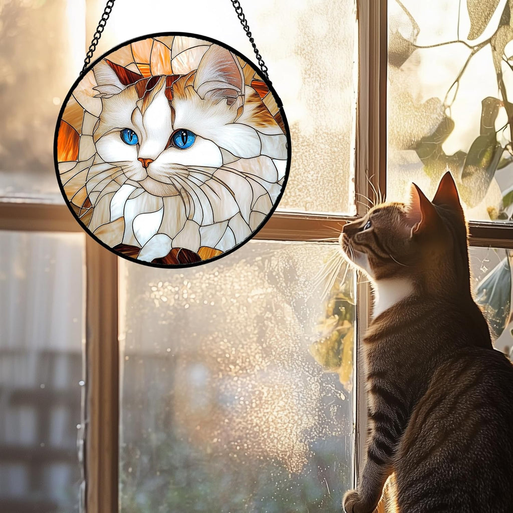 Stained Glass Window Hanging 4 Pcs Set Cute Cat and Dog 9.8" - Animal Suncatcher Door Garden Sun Catcher Decor Birthday Mother's Day for Mom Woman Nana Girl Boy Friend