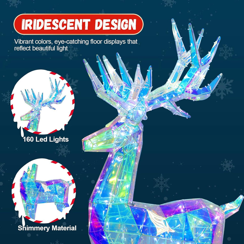 60" Pre-lit Christmas Reindeer, Outdoor Prismatic Iridescent Reindeer with 160 LED Lights, Stakes, Large Lights Up Deer Christmas Decorations Holiday Display for Yard Garden Patio