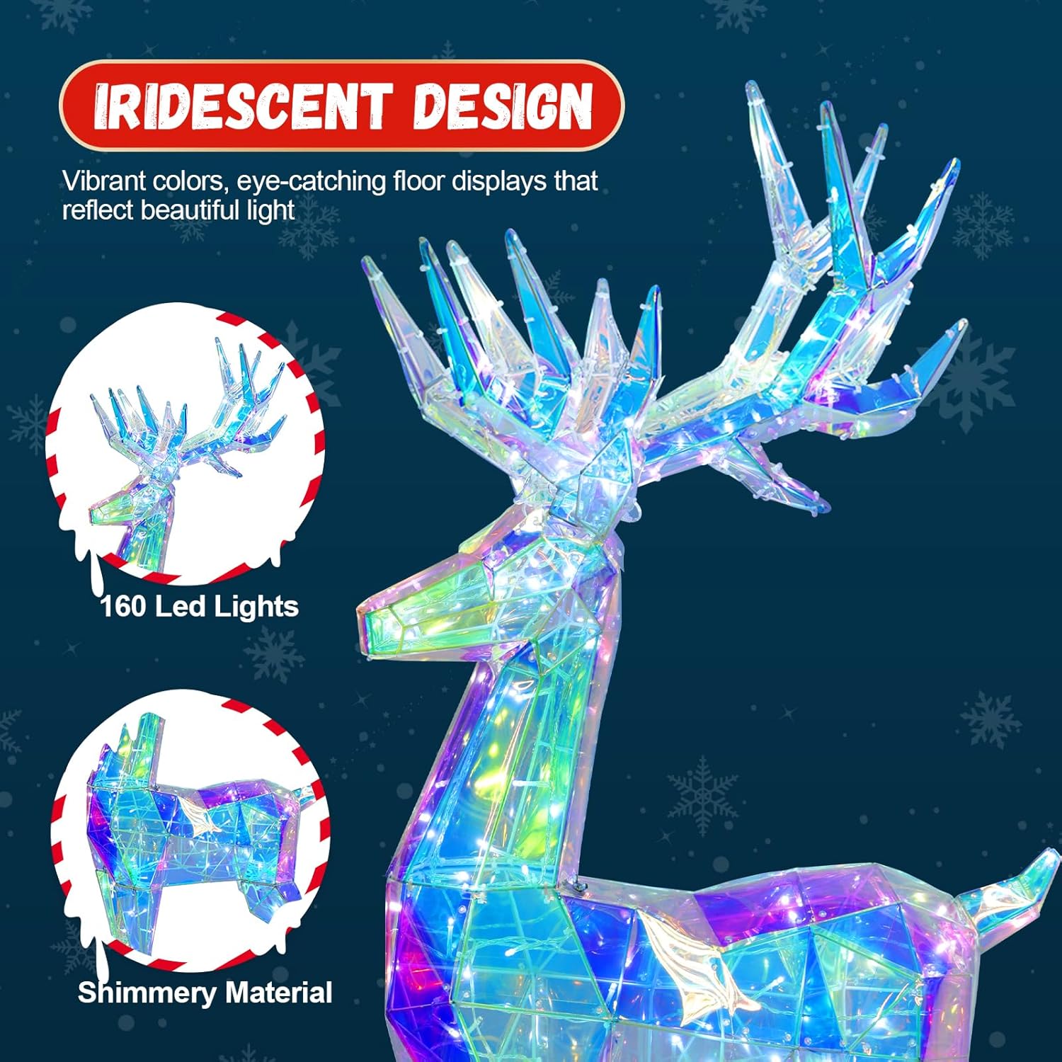60" Pre-lit Christmas Reindeer, Outdoor Prismatic Iridescent Reindeer with 160 LED Lights, Stakes, Large Lights Up Deer Christmas Decorations Holiday Display for Yard Garden Patio