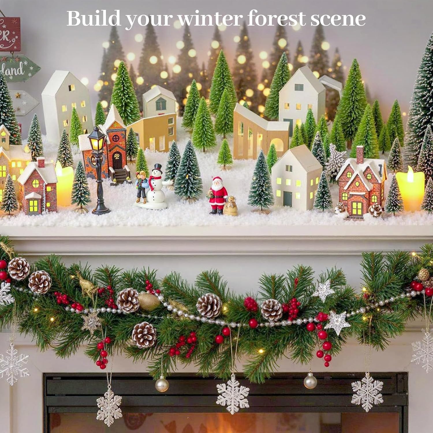 LOVEINUSA 40PCS Mini Christmas Trees, 5 Sizes Artificial Sisal Trees Bottle Brush with Wooden Base for Xmas Winter Home Table Decoration