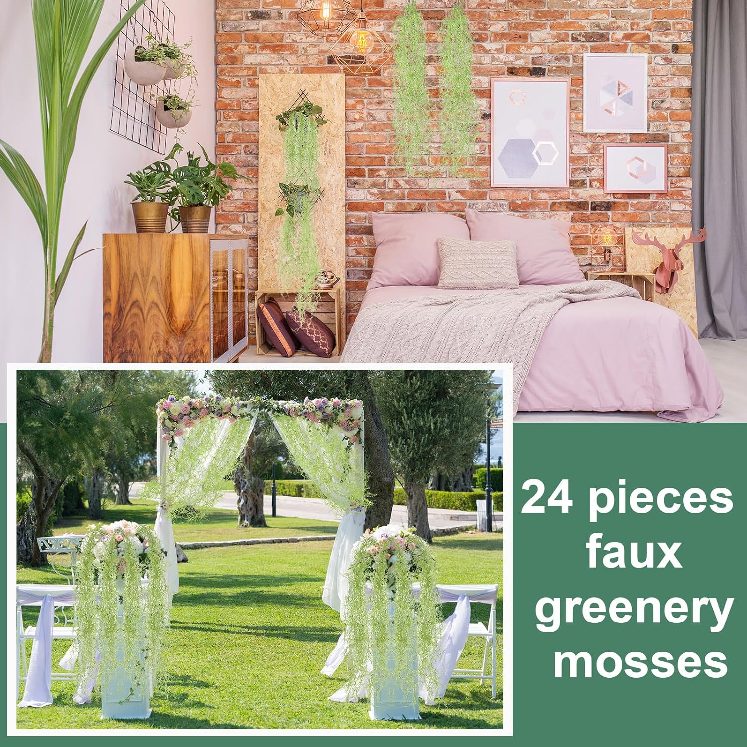 Cindeer 24 Pack Fake Spanish Moss Artificial Hanging Decoration Bulk Faux Greenery Moss Garland for Potted Wall Living Room Indoor Outdoor Decor(33 Inch,Green)