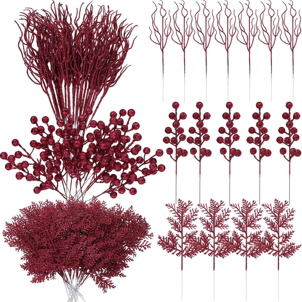 75 Pcs Christmas Glitter Branches 3 Styles Artificial Christmas Picks Berries Stems Pine Needles Floral Twig Spray for Xmas Tree Ornaments DIY Wreath Garland(Burgundy)