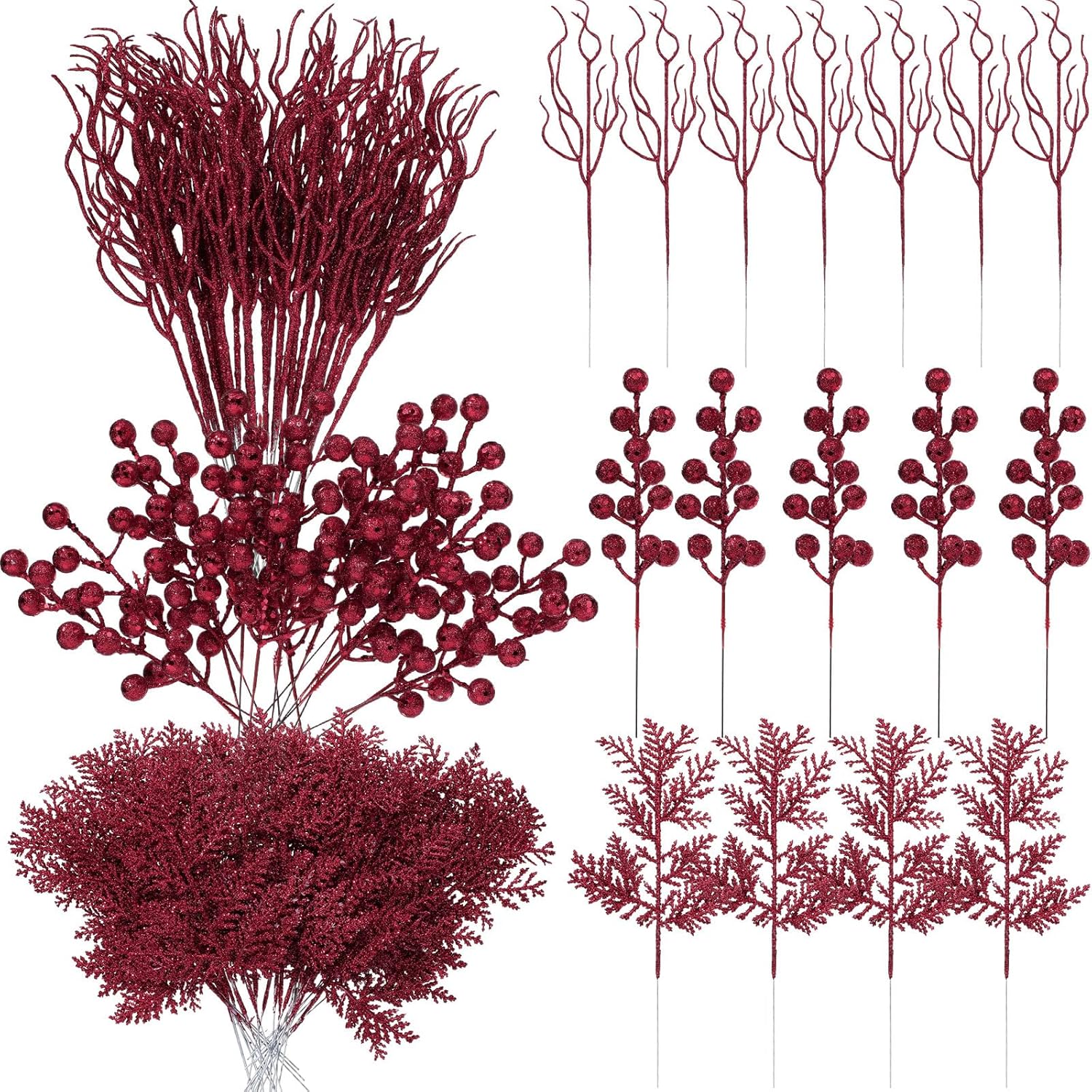 75 Pcs Christmas Glitter Branches 3 Styles Artificial Christmas Picks Berries Stems Pine Needles Floral Twig Spray for Xmas Tree Ornaments DIY Wreath Garland(Burgundy)