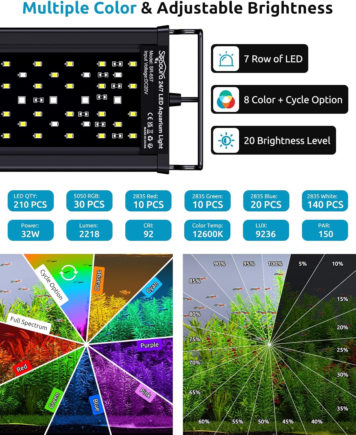 SEAOURA LED Aquarium Plant Light, 24/7 Custom Timer, Power-Off Memory, 7-Row LEDs 30-36in Full Spectrum Fish Tank Lights, 8 Colors, 20 Brightness, Day & Night Cycle, Adjustable Mount for Freshwater