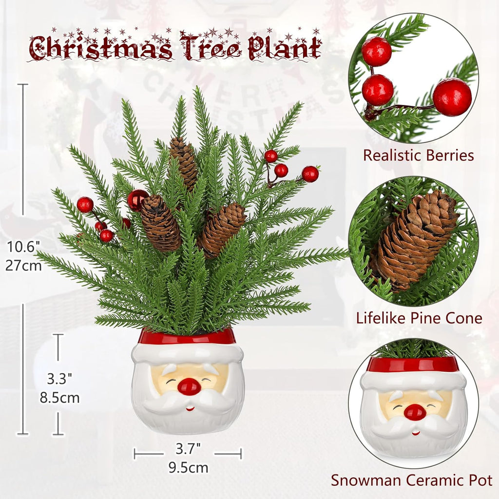 Hollyone Small Norfolk Pine Tree 10" Christmas Tree Tabletop Snowman Potted Plants with Vase Artificial Mini Xmas Tree Plant with Christmas Ball Ornaments Berries Pine Cones Slim Tree Party Home Decor