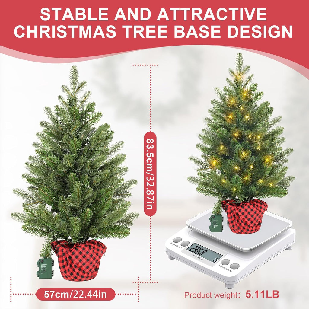 Artificial Christmas Tree 3FT Tabletop Mini Pine Tree with Red Plaid Base Small Xmas Tree for Holiday Decoration Indoor Home Office Desk Bookshelf Fireplace Front Porch Christmas Décor