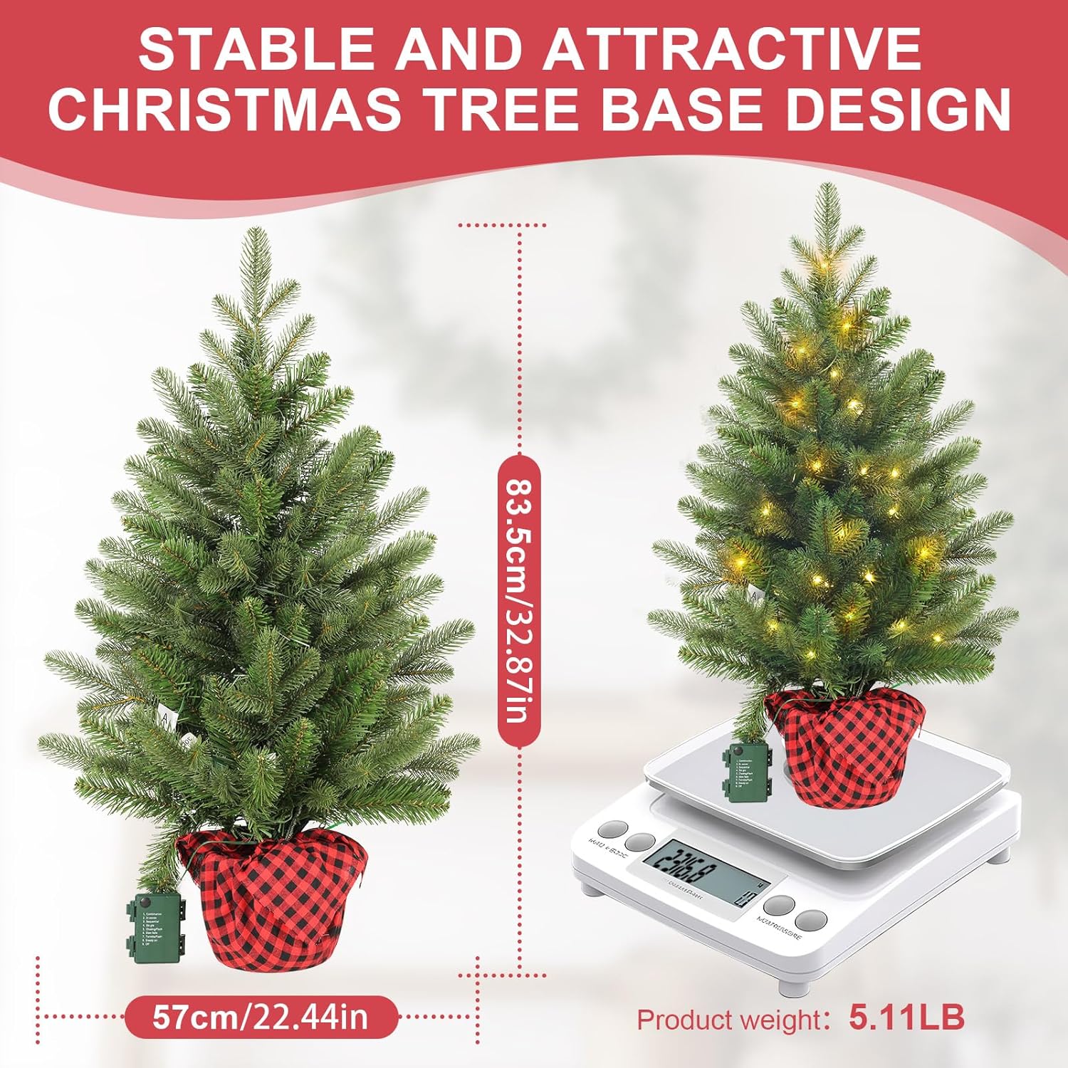 Artificial Christmas Tree 3FT Tabletop Mini Pine Tree with Red Plaid Base Small Xmas Tree for Holiday Decoration Indoor Home Office Desk Bookshelf Fireplace Front Porch Christmas Décor