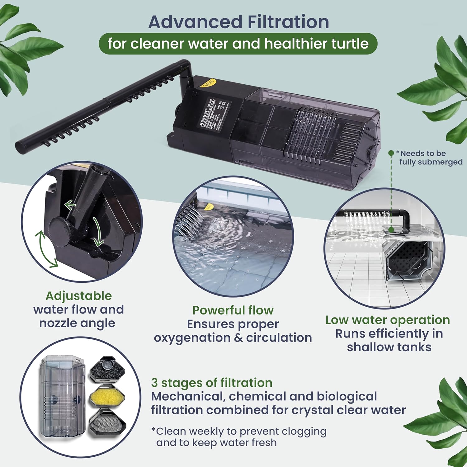 Large Turtle Tank Kit for Aquatic Turtles – Complete Starter Habitat with Filter, UVB Lamp, Basking Platform, Plants, Feeding Ring – Turtle Aquarium Kit (Black)