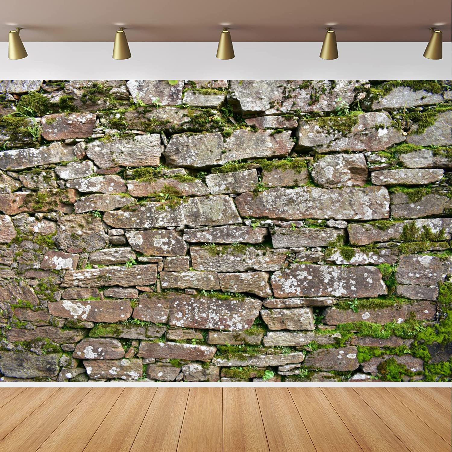 CapiSco Vintage Brick Stone Wall Backdrop 7x5FT Vintage Textured Stone Ancient Rock Wall Castle Wall Overgrown Wall Green Leaf Background Medieval Castle Mossy Stone Wall for Party Decorations