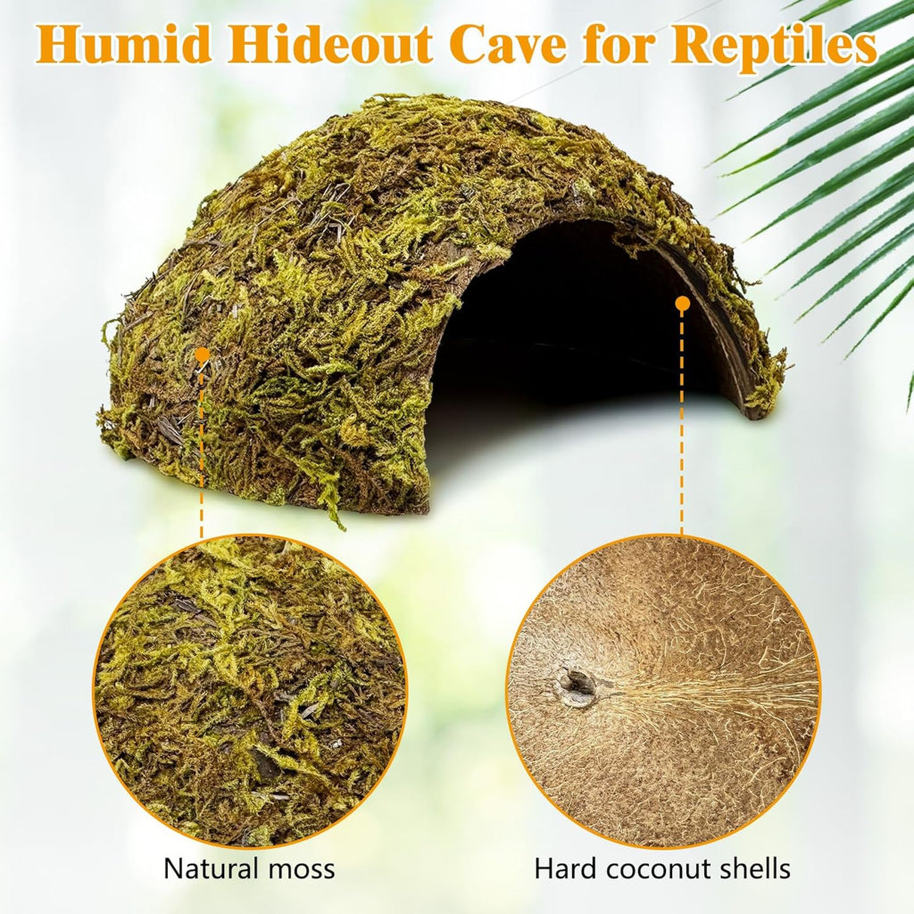 PINVNBY 2 Pack Natural Green Moss Hide Caves Coconut Reptile Hideouts Hamster Climbing Toys Gecko Habitat Decor Lizard Shell Shelter for Snake Tarantulas Turtle Chameleon